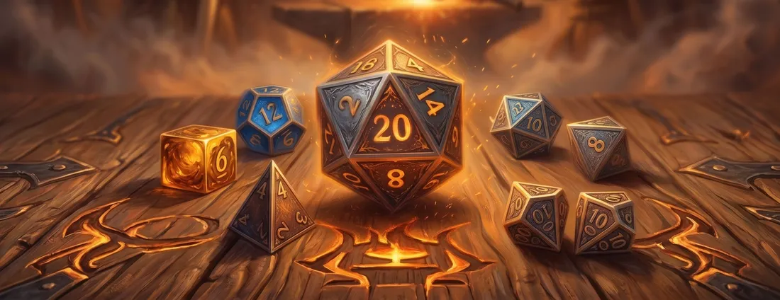 Dés de jeu de rôle gravés — du d4 au d20 — sur une table de bois marquée au fer